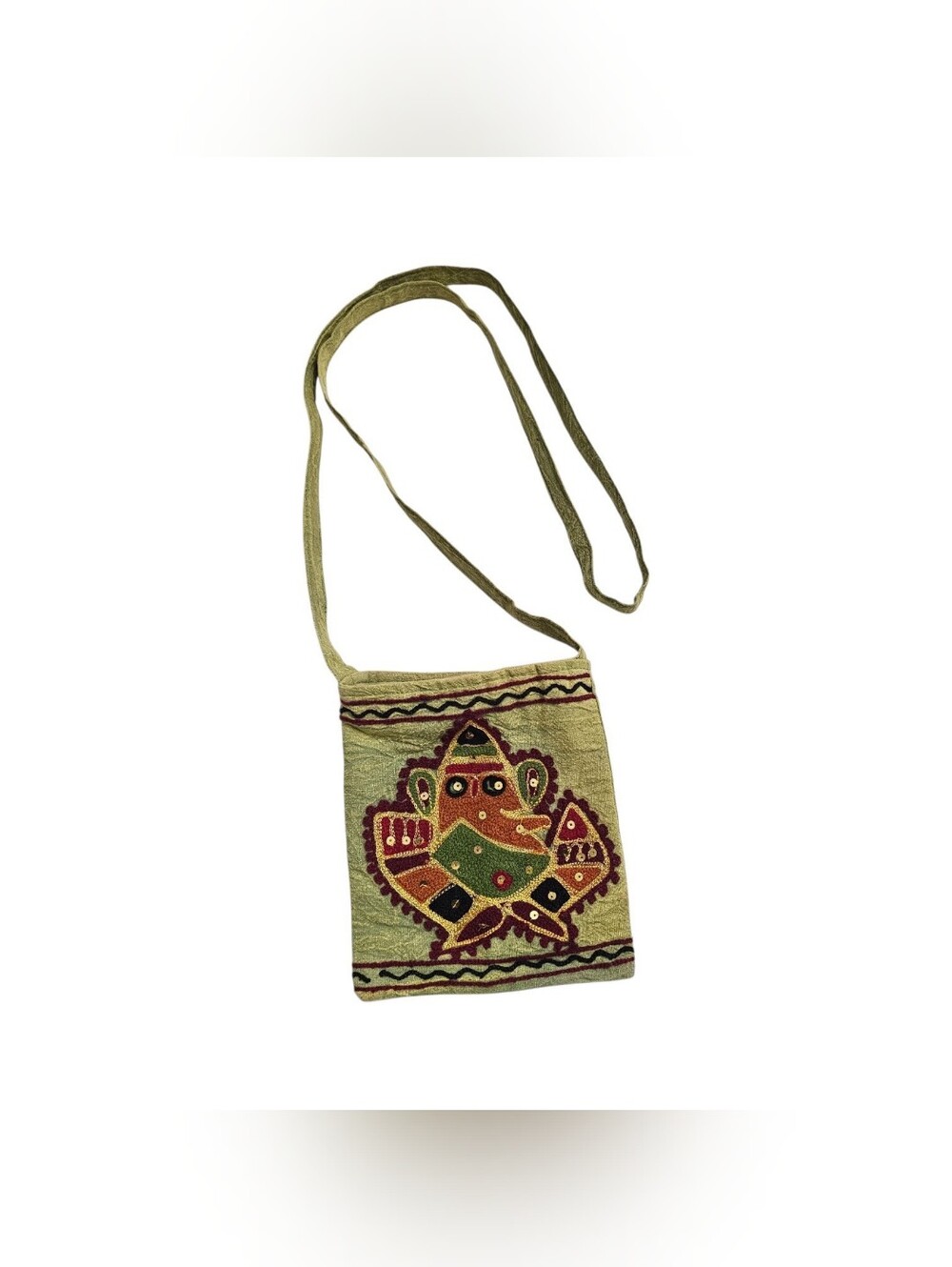 Boho Embroidered Ganesha Crossbody Bag Green Cotton Sequin Indian Sling Purse
